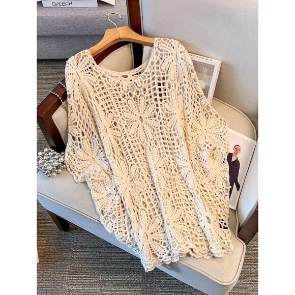 Women's Plus Size Crochet Boho Sweater Beach Cover Up Off Shoulder - Picture 7 of 7